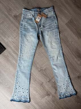 Uncle Ralph Pearl Denim Pant Ice Blue Size 32 Rhinestone Embellished Jeans